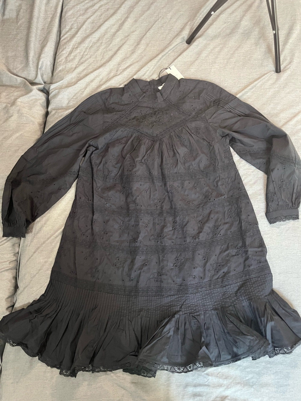 Unsubscribed Women's Cotton Black Eyelet Long Sleeve Ruffle Hem Dress